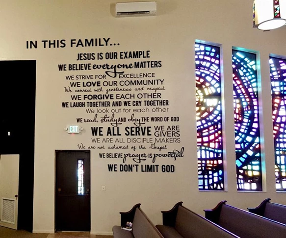 Custom Church Word Collage with Custom Cut Dimensional Letters of Different Shapes and Sizes