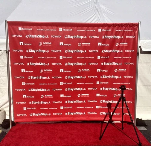Stay N Step Custom Trade Show Booth Banner with Step & Repeat Backdrop and Pegasus Frame