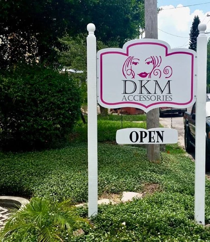 Custom Double-Sided Contour Cut Post and Panel Wood Sign for DKM Accessories in South Tampa